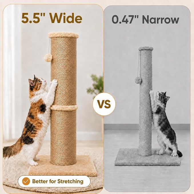 PAWSCRAT Cat Scratching Post 32 Inch High, 5.5 Inch Large Diameter Natural Sisal Cat Scratch Post, Scratch-Resistant and Durable Tall Cat Scratcher for Indoor Cats, Protect Your Furniture, Yellow