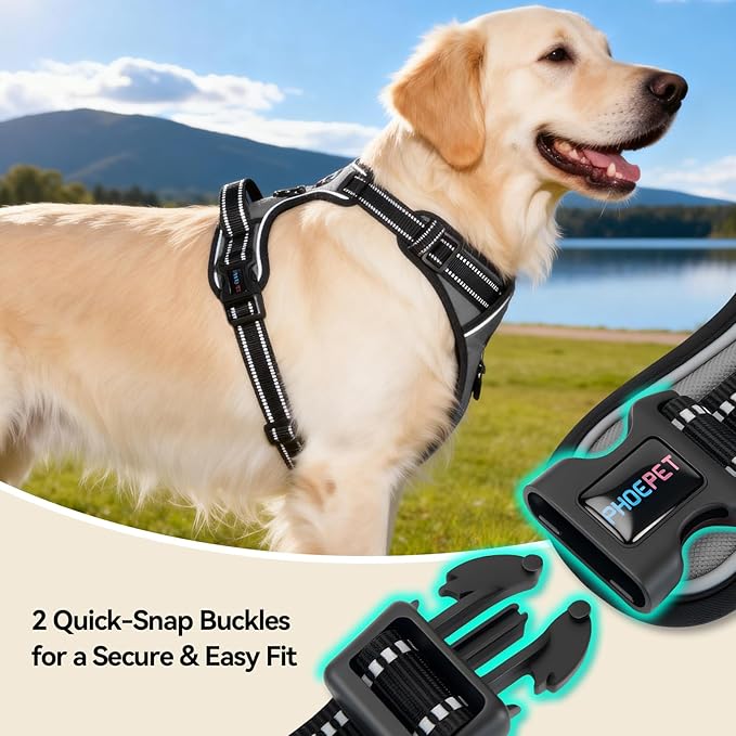 PHOEPET No Pull Dog Harness Medium Reflective Front Clip Vest with Handle,Adjustable 2 Metal Rings 2 Buckles(L, Grey)