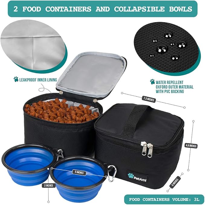 PetAmi Dog Travel Bag Organizer, Pet Travel Kit with 2 Food Containers & 2 Collapsible Dog Bowls, Pet Supplies Tote with Luggage Sleeve, Weekend Road Trip Camping Essentials, Black, Medium
