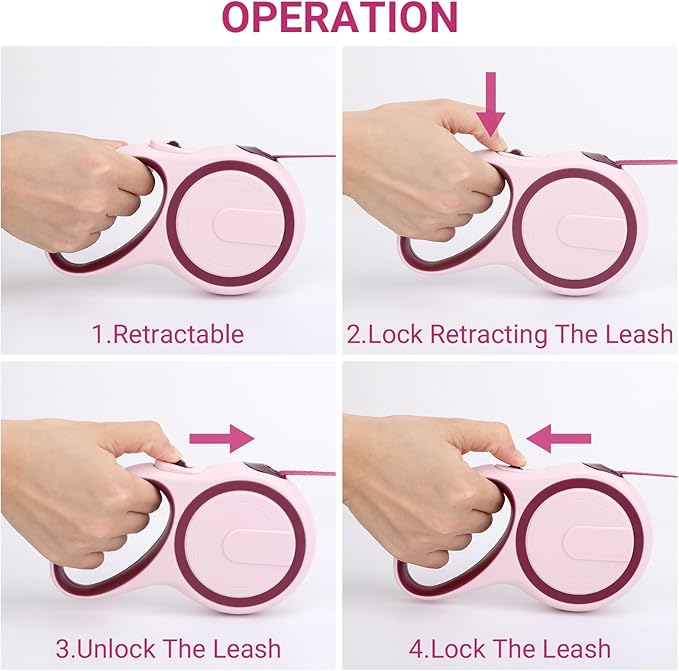 Segarty Dog Retractable Leash, 16ft Heavy Duty Walking Dog Leash for Medium Small Pet up to 44lb, Anti-Slip Handle 360°Tangle-Free Nylon Tape, 1-Handed 1 Button Lock and Release (Pink Wine)