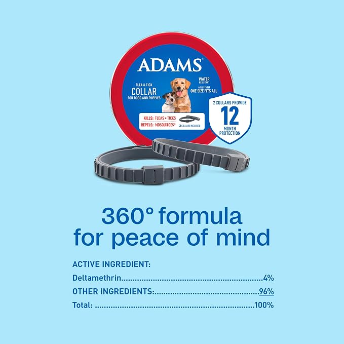 ADAMS Flea & Tick Collar for Dogs & Puppies, Flea Collar for 12 Month Prevention, Kills Fleas, Ticks & Repels Mosquitoes, Excluding California, One Size Fits All Dogs & Puppies, 2 Count