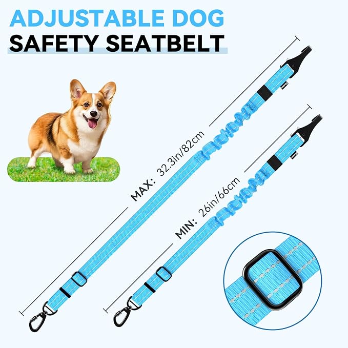 Pawaboo 2Pack 3-in-1 Dog Seatbelt for Car, Shockproof Bungee Dog Tether with 360° Lockable Buckle & Hook Latch, Adjustable Reflective Pet Safety Harness Leash for Vehicle, Black+Blue