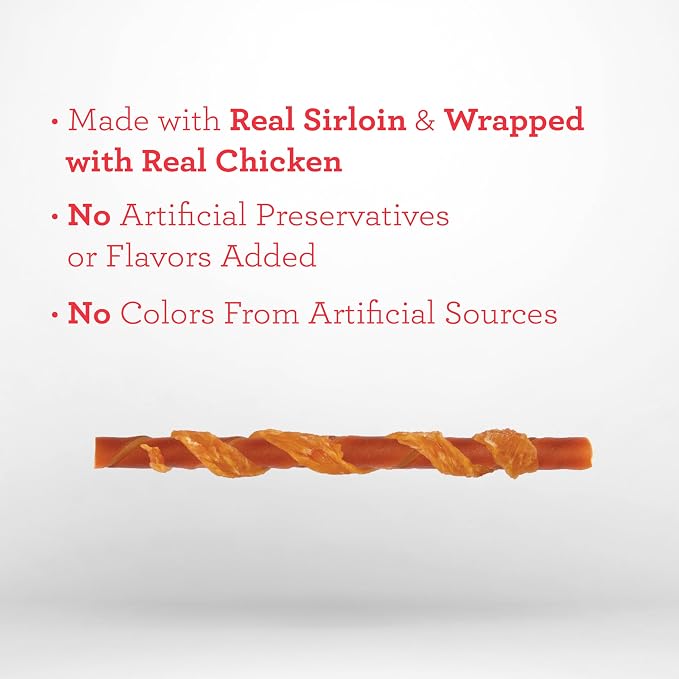 DreamBone Chicken Wrapped Sirloin Twist Stick Dog Treats, Daily Rawhide-Free Chew, Digests Safely and Completely, with Real Protein, Chicken, Sirloin and Veggies, 15 Count