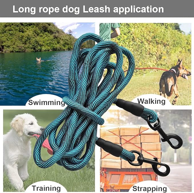 BTINESFUL Tie-Out Check Cord Long Rope Dog Leash, 8ft 12ft 20ft 30ft 50ft 75ft Outdoor Dog Tether for Yard- Large Medium Dogs Training, Playing, Camping, or Backyard (12ft, Blue Black)