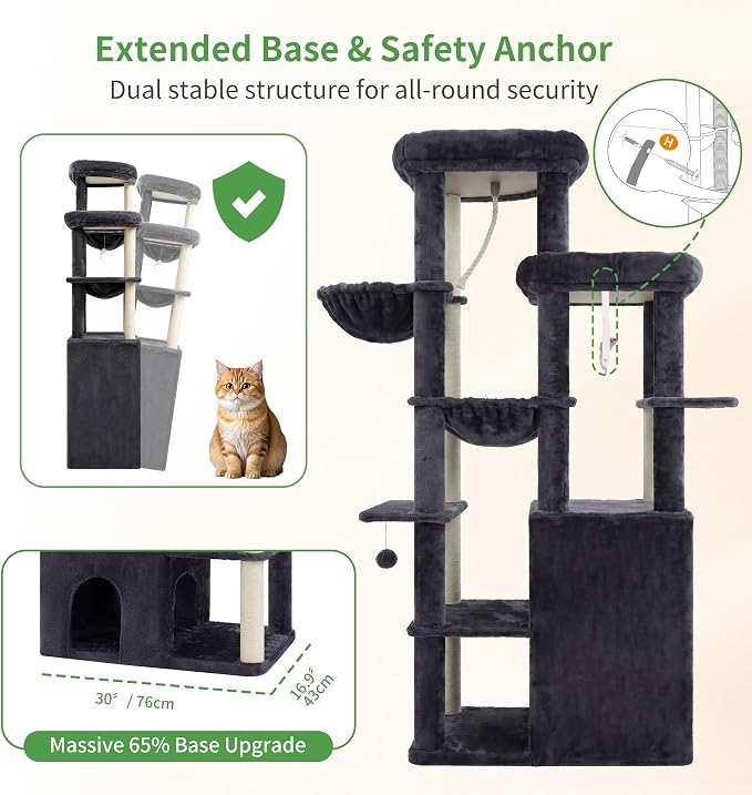 Heybly Cat Tree, 69.7 inches Secure Anti-Tip Cat Tower for Large Cats, Expansive Cat Furniture with Dual-Tier Cat Condo Villa, 2 Top Perches, Hammock & Full Sisal Scratching Posts, Smoky Gray HCT065G