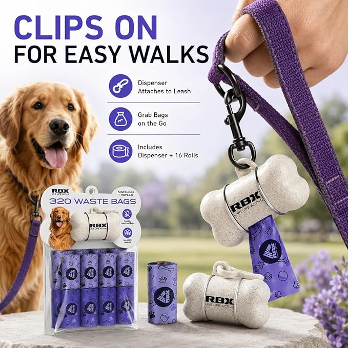 RBX Dog Poop Bags Rolls with Dog Poop Bag Holder for Leash, 320 Poop Bags for Dogs with Clip-On Dispenser, Durable Leak-Proof Dog Waste Bags, 16 Refill Rolls, Recyclable Material