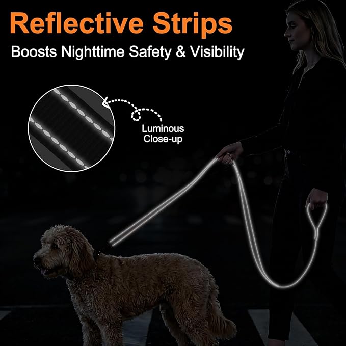 Heavy Duty Dog Leash with 2 Comfortable Padded Handles, 6 FT Traffic Handle Extra Control, Highly Reflective Threads Leash for Small/Medium/Large Dogs (Black)