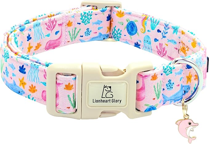 Lionheart glory Dog Collar Sea Animals Print Pink Dog Collars Male or Female Spring Summer Cute Collar Pet Gift Durable Adjustable Dog Collar for Large Dogs