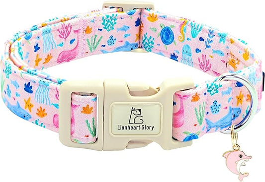 Lionheart glory Dog Collar Sea Animals Print Pink Dog Collars Male or Female Spring Summer Cute Collar Pet Gift Durable Adjustable Dog Collar for Medium Dogs