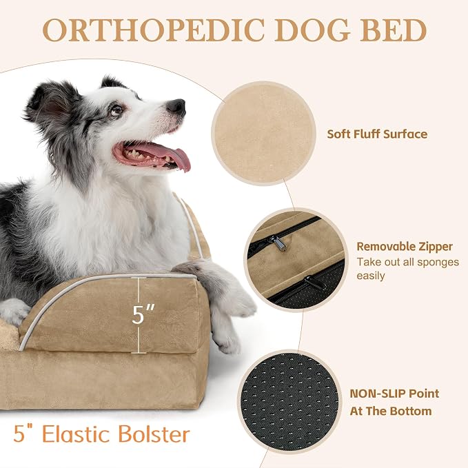 Comfort Expression Orthopedic Dog Bed for Extra Large Dogs 48x30 Inch, Waterproof Egg Crate Foam XXL Pet Bed with Removable Bolsters, Dog Couch with Washable Cover & Non-Slip Bottom, Light Brown