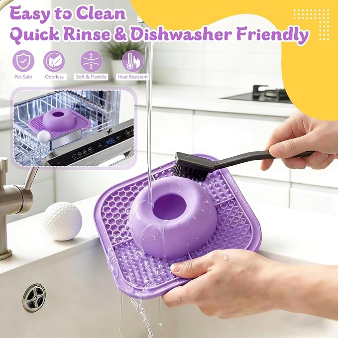 Slow Feeder Dog Bowls & Lick Mat for Liquid and Thick Treat, Anti-Slip Dog Lick Bowl with Interactive Rolling Ball, 5/6 Cup Pup Licking Toy for Large Medium Small Dogs and Cats Purple