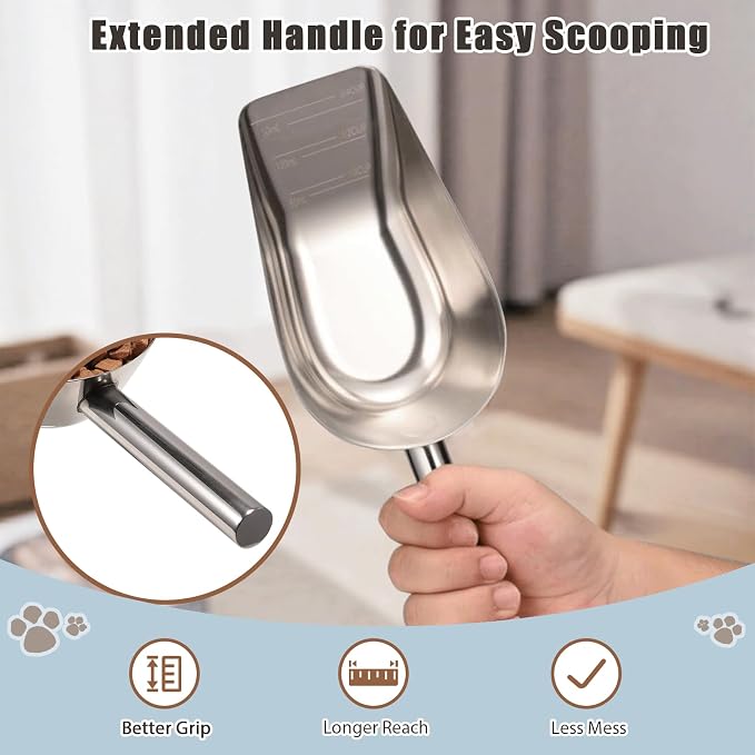 Dog-Cat Food Scoop 3/4 Cup, SSyang Thickened 304 Stainless Steel Pet Food Scoop with Long Handle, Precision Scale, Easy to Clean, Suitable for Wet and Dry Food