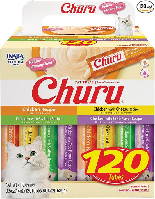 INABA Churu Cat Treats, Lickable, Squeezable Creamy Purée with Vitamin E, 0.5 Ounces per Tube, 120 Tubes Total, Chicken Variety