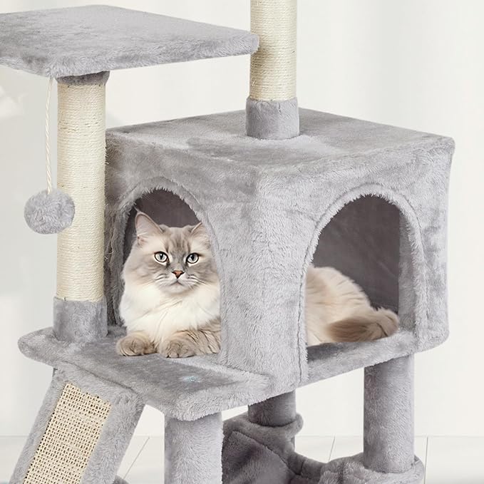 Grey Cute Cat Tree for Indoor Cat Tower with Scratching Post Modern Activity House Hammock Hanging Ball Condo with Board