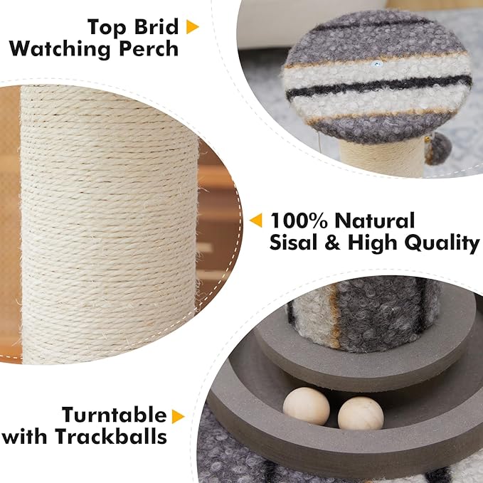 Woochpet 34inches Cat Scratching Post Sisal Cat Scratcher with Cat Ball Track Toy Heavy Duty and Thicker Large Diameter Natural for Adult Cats and Kitty Protect Your Furniture (Grey)