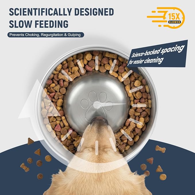 Dog Slow Feeder Bowl Slow Eating Dog Bowl Slow Feeder Dog Bowls 304 Stainless Steel Double Wall Durable Non-Slip Rubber Base - Blue