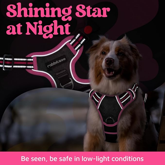 rabbitgoo Dog Harness for Large Dogs, 3 Buckles Easy On & Off No Pull Pet Vest, Soft Padded Walking Pet Harness with Control Handle, Adjustable and Reflective, Black & Rose Pink, L