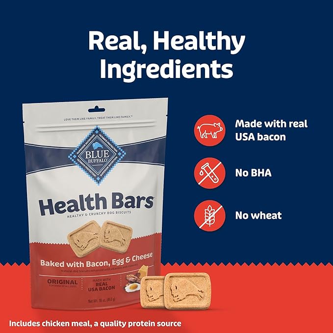 Blue Buffalo Health Bars Bacon, Egg & Cheese Crunchy Dog Biscuits, Oven-Baked with Real Bacon & Natural Ingredients, Healthy Dog Treats with No Artificial Flavors or Preservatives, 16 oz.