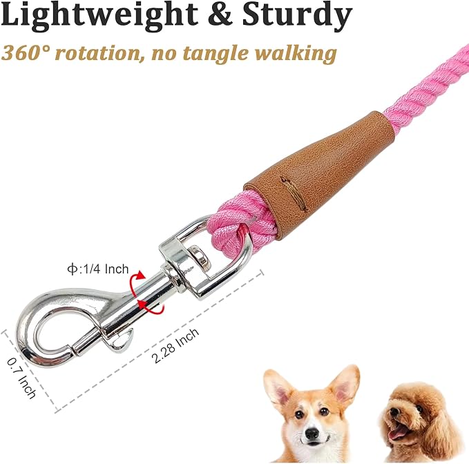 5FT Puppy Leash for Small Dogs, 1/5" Cotton Braided Rope Leash, Lightweight & Soft Pink Dog Leads for Tiny Breeds/Cats Daily Walks Training
