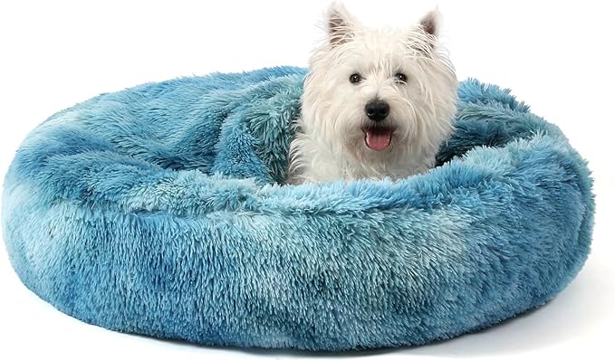 Calming Donut Dog Bed with Hooded Blanket – Plush Fluffy Cave Bed for Small & Medium Dogs, Machine Washable Anti-Anxiety Pet Bed for Cats