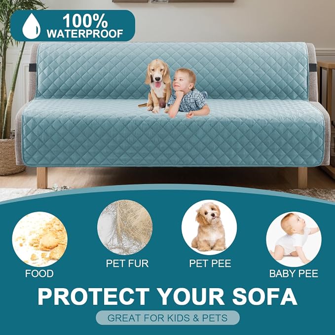 Turquoize 100% Waterproof Futon Cover Futon Slipcover Washable Armless Sofa Bed Slipcover Protector Seat Width Up to 70" with Adjustable Elastic Strap Anti-Slip for Dogs, Stone Blue