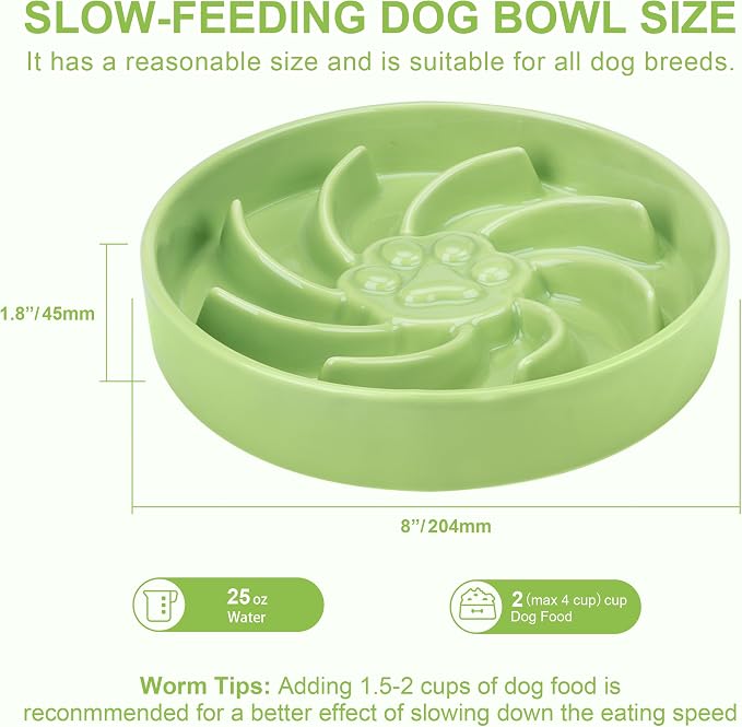 Ceramic Slow Feeder Dog Bowl, 3 Cup Dog Food or 25oz Water, Slow Eating Bowl for Middle Breed, Maze Puzzle Feeder for Fast Eaters, Anti-Choking Stop Bloat, Non-Slip BPA Free (Green)