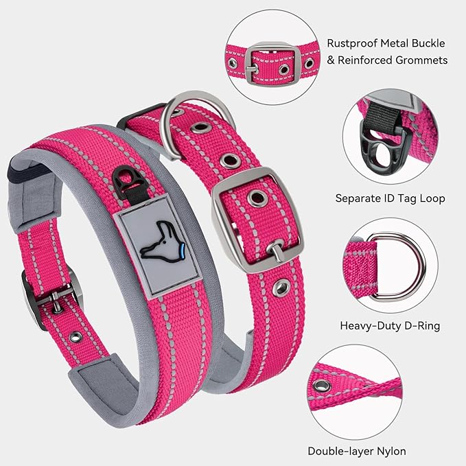 Joytale Dog Collar for Small Dogs, Neoprene Padded and Adjustable, Reflective Wide Heavy Duty Pet Collars with Durable Metal Belt Buckle for Walking, Hotpink, S