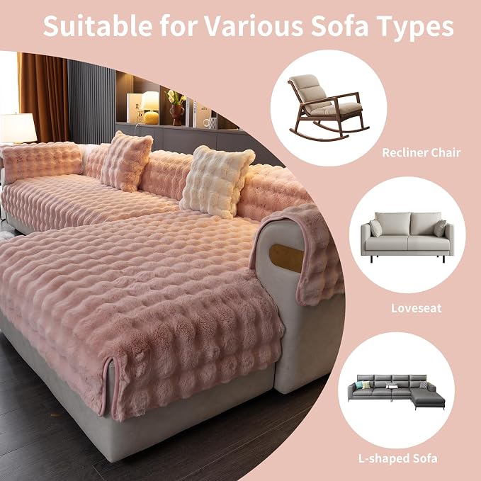 Faux Fur Couch Cover, Soft Warm Plush Sofa Couch Cover, Non Slip Sectional Sofa Slipcovers for L Shaped, Washable Furniture Protector for Kids, Dogs(Pink, 36"×63")