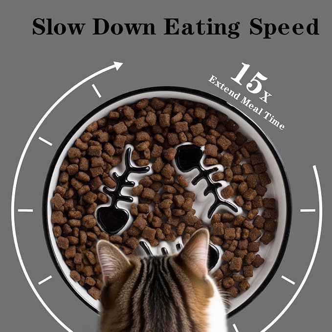 2-Pack Shallow Ceramic Cat Slow Feeder Bowls, Anti-Vomit Food Plates for Whisker Fatigue Relief, Dishwasher Safe, Anti-Acne, Black Chin Prevention, for Dry and Wet Food, Easy Daily Use