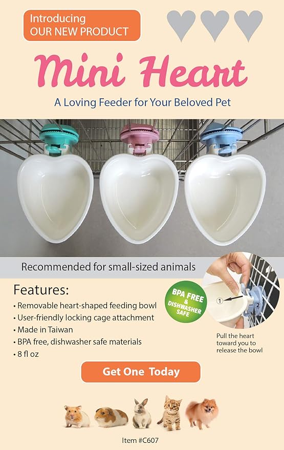 Choco Nose Patented Removable Heart Shaped Food Bowl for Dogs/Puppies/Rabbits/Cats/Guinea Pigs/Chinchillas/Birds -Water Dish for Small Pets or Animals - for Wire Cages or Crates 8 oz, Aqua (C607)