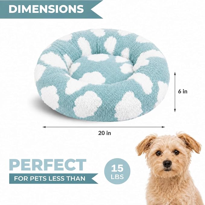 Whiskers & Friends Cat Beds for Indoor Cats, Fluffy Calming Donut Cat Bed, Small Dog Bed Washable - Orthopedic Soft Plush Pet Beds Sized for Kitten to Large Cats & Puppy to Small Dogs - Blue White