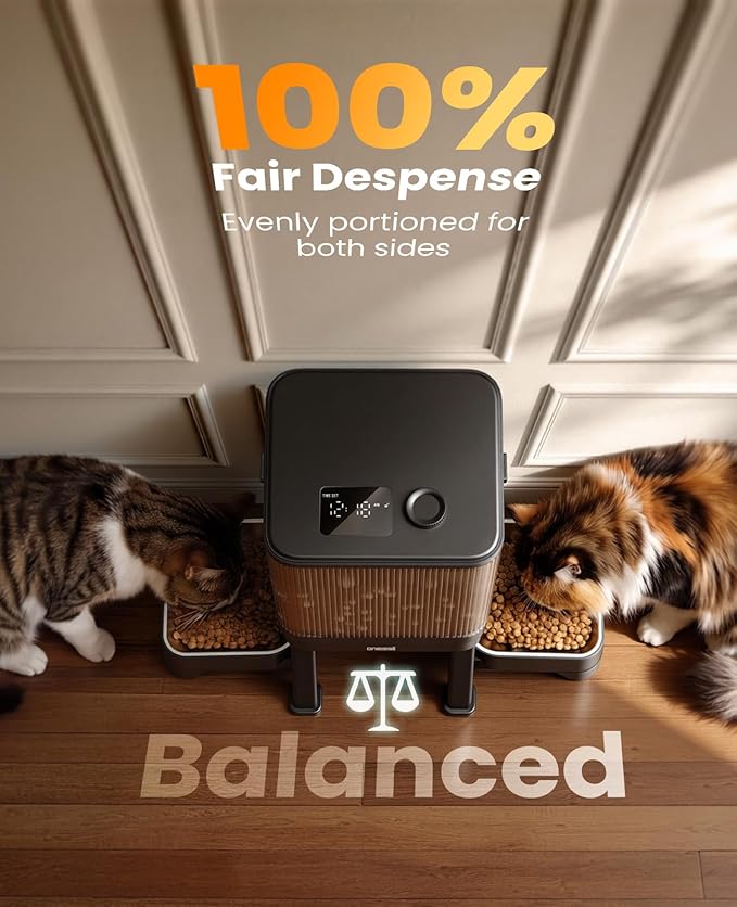 oneisall Automatic Cat Feeder for 2 Cats, 7L/32-Cup Auto Cat Feeder with Timed Portion Control, 1-6 Meals Programmable Cat Food Dispenser, Dual Elevated Stainless Steel Bowls for Multi-Cats Dry Food