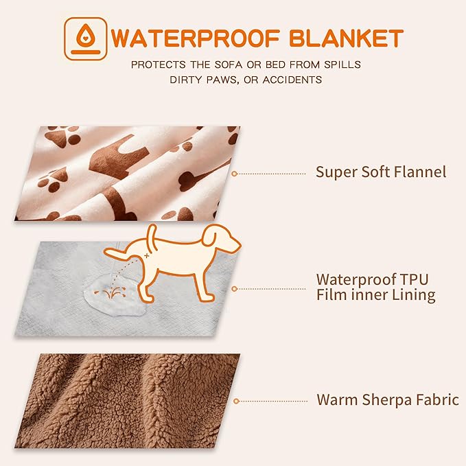 Waterproof Dog Blankets Pet Blanket 50"x60", Soft Fluffy Sofa Car Bed Protector, Reversible Sherpa Fleece Dog Blanket for Large Dogs(Beige-House)