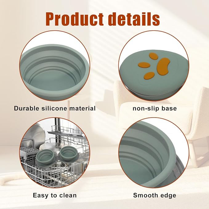 Collapsible Dog Bowls, 2-in-1 Silicone Pet Food and Water Bowl with Carabiner, Portable Double Compartment Dish for Travel, Camping, Hiking Puppy Essentials (A- Green)