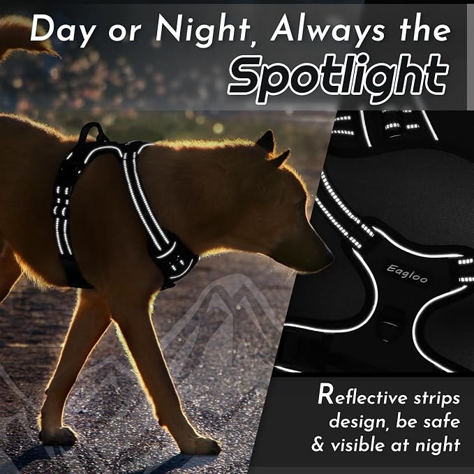 Eagloo Dog Harness for Large Dogs, No Pull Service Vest with Reflective Strips and Control Handle, Adjustable and Comfortable for Walking, No Choke Pet Harness with 2 Metal Rings, Black, XL