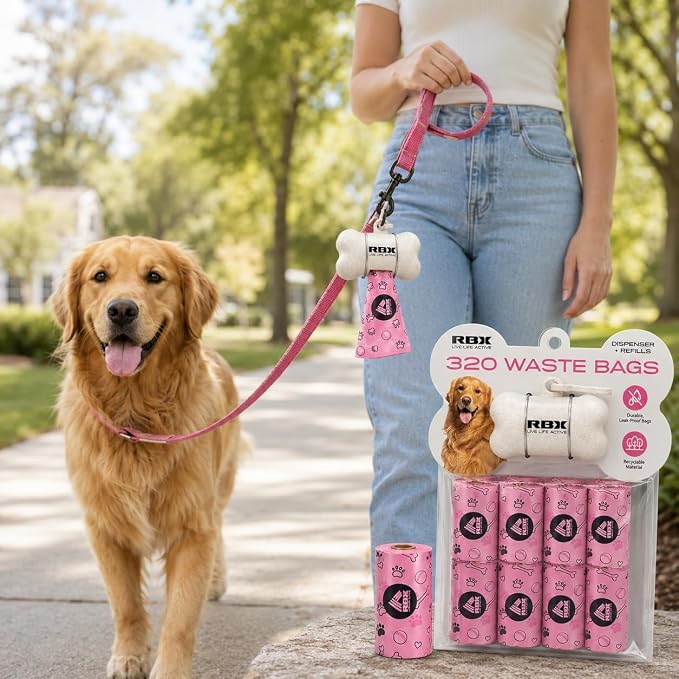 RBX Dog Poop Bags with Leash Holder, 320 Bags, 16 Refill Rolls | Clip-On Dispenser, Durable Leak-Proof, Recyclable Material