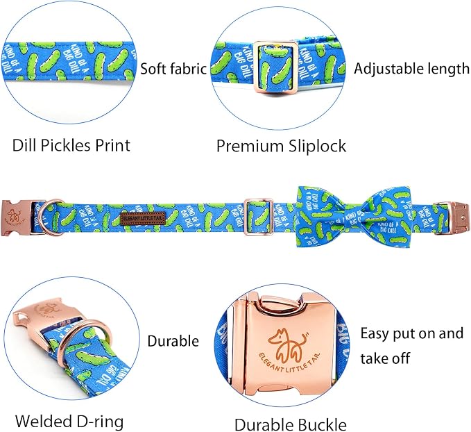 Elegant Little Tail Dog Collar with Bow Tie, Dill Pickles Print, Cute Bowtie Collar for X-Small Dogs