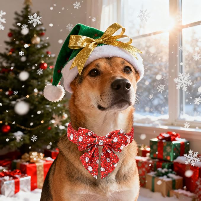 Unique Style Paws Christmas Dog Collar with Bowtie Red Hat Christmas Man Cotton Puppy Collars for Small Medium Large Dogs