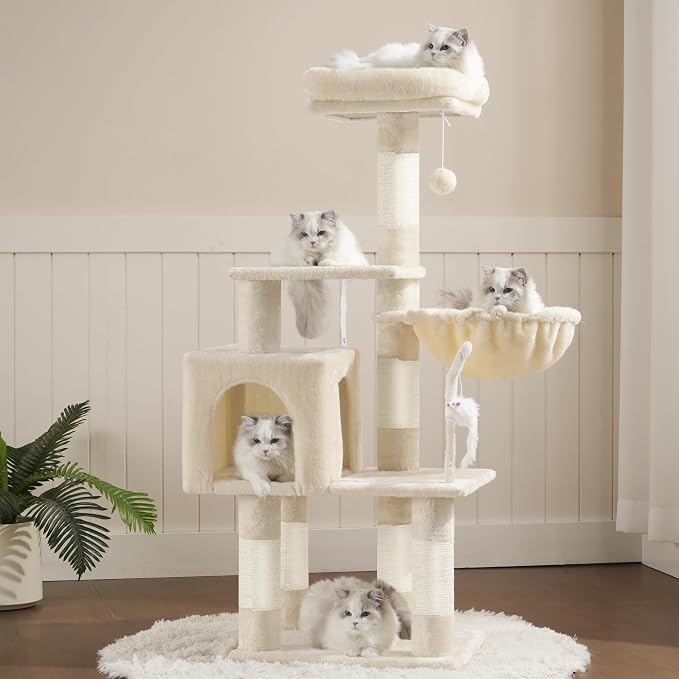 Heybly Cat Tree with Toy, Cat Tower condo for Indoor Cats, Cat House with Padded Plush Perch, Cozy Hammock and Sisal Scratching Posts, Beige HCT004SM