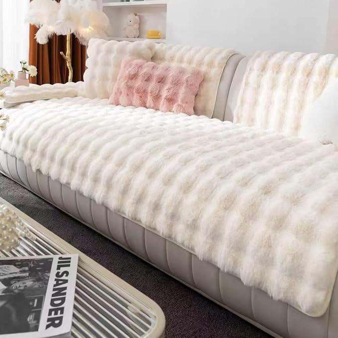 Faux Fur Couch Cover, Soft Warm Plush Sofa Couch Cover, Non Slip Sectional Sofa Slipcovers for L Shaped, Washable Furniture Protector for Kids, Dogs(White, 36"x 94")