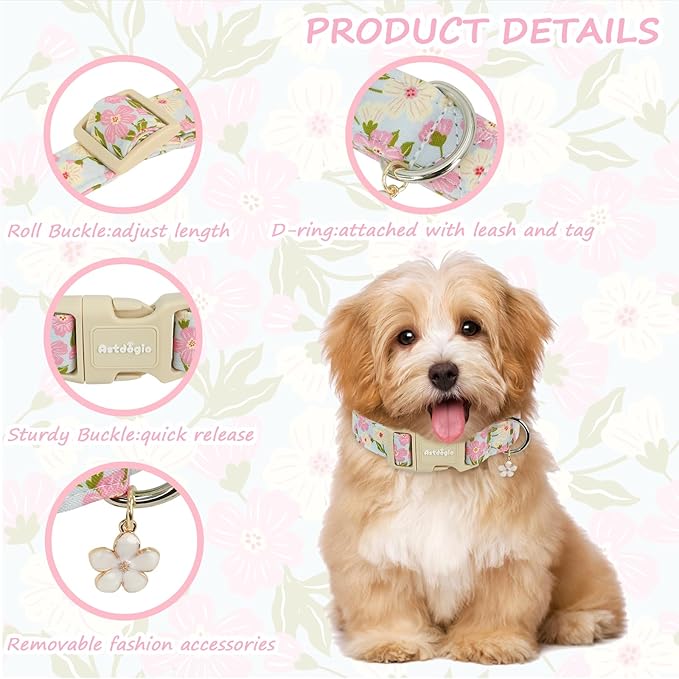 Dog Collar for Small Medium Large Dogs, Spring Blue Dog Collars with Pink & White Flowers, Adjustable Cotton Dog Collars, Cute Girl or Boy Dog Collar Ideal for Gifts,Pet Accessory,M