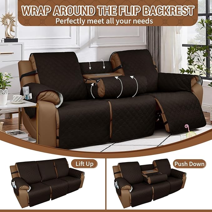 Waterproof Recliner Sofa Covers with Flipped Middle Backrest Washable Recliner Couch Covers Non-Slip with Elastic Straps Furniture Protector for Kid Dogs Pets (Chocolate)