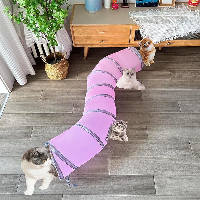 2-Way Collapsible Cat Tunnel Tube Toy Pink — Interactive Play Tunnel with Peek Hole for Indoor Cats, Kittens, Puppies & Rabbits | Hours of Fun & Exercise