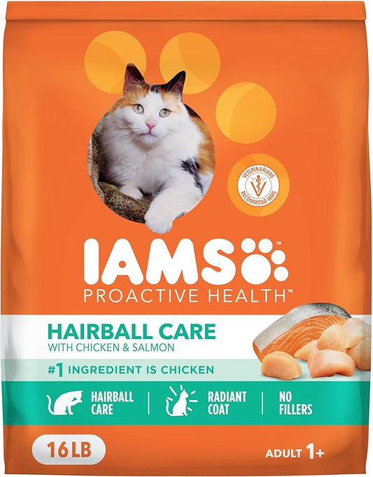 IAMS Proactive Health Dry Cat Food Hairball Care, Adult Cat Food, with Real Chicken and Salmon, 16 lb. Bag