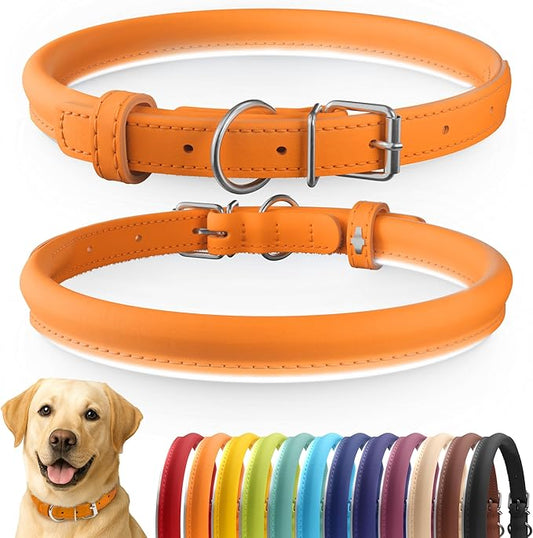 CollarDirect Reflective Rolled Leather Dog Collar, Soft Padded Round Puppy Collar, Handmade Genuine Leather Collar Dog Small Large Cat Collars 13 Colors (15-19 Inch, Orange Reflective)