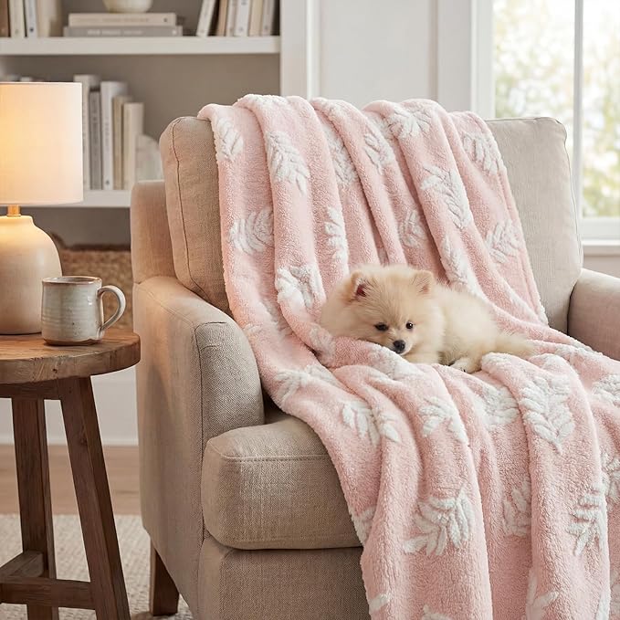 Horaldaily Pets Flannel Blanket, Pink Leaves 3D Textured Soft Fuzzy Fluffy Plush Cozy Fleece Premium Blankets for Dog Cat Puppy Kitten Couch Protection, 16x23