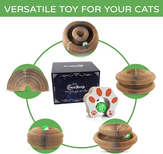 Goosheep Kitty Kurlz Accordion Magic Organ Cat Scratcher Toys for Indoor Cats - Cardboard Cat Scratching Board Ball Scratcher Pad 3 Pack