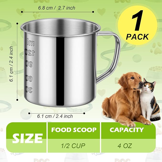 Dog Food Scoop 1/2 Cup,304 Stainless Steel Measuring Cups with Handle Pet Food Scoop Cup Measuring Scoop for Dogs, Cats, Birds & Rabbits – Ideal for Dry Food & Treats (1/2 Cup)