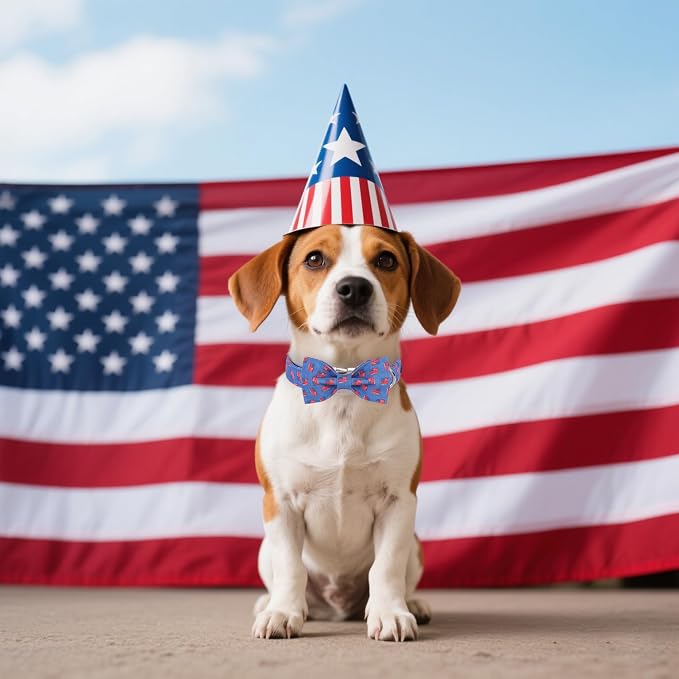 Maca Bates American Flag 4th of July Dog Collar with Bow Tie for Dogs Bowtie 4 of 7 Flags Blue Adjustable Durable Patriotic Collars USA Independence Day Gift for Small Medium Large XL Boy Girl Puppy