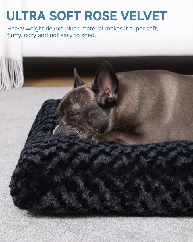 KSIIA Washable Dog Bed Anti-Slip Dog Crate Beds Deluxe Plush Kennel Pad Comfy Pet Sleeping Mat for Small Dogs, 23" x 18", Black